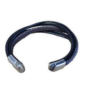 MEN'S Simone Black/Brown Leather Braided Bracelet In Stainless Steel. 8.5"